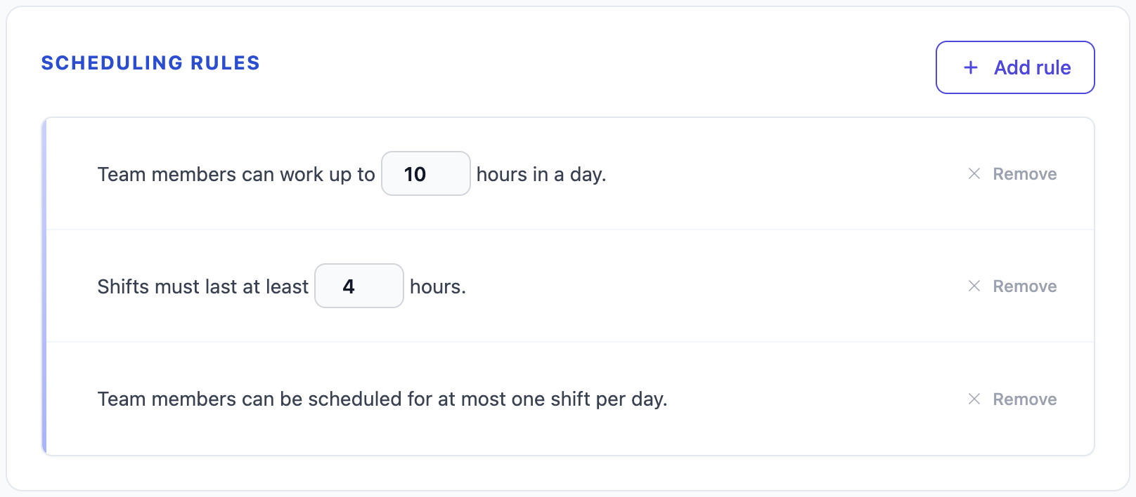 SKEDA's fill-in-the-blank rule editor showing plain language scheduling constraints