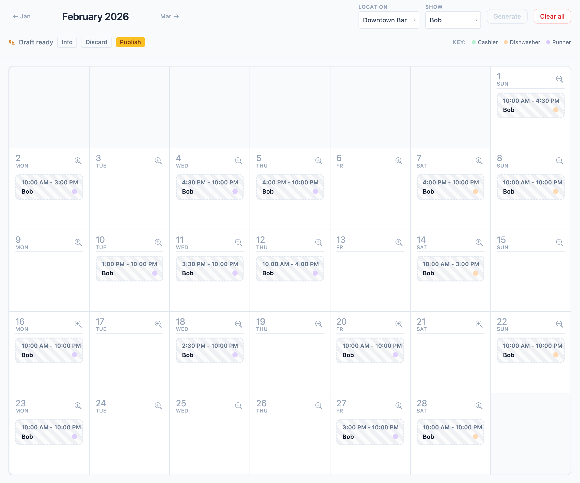 SKEDA's calendar view showing the generated schedule for the month